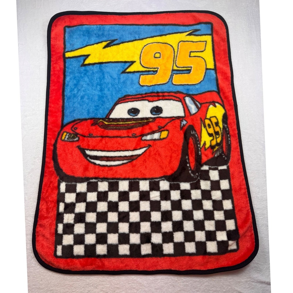 Disney Pixar Cars Lightning McQueen Plush Throw Blanket Red 95 Checkered 42x30